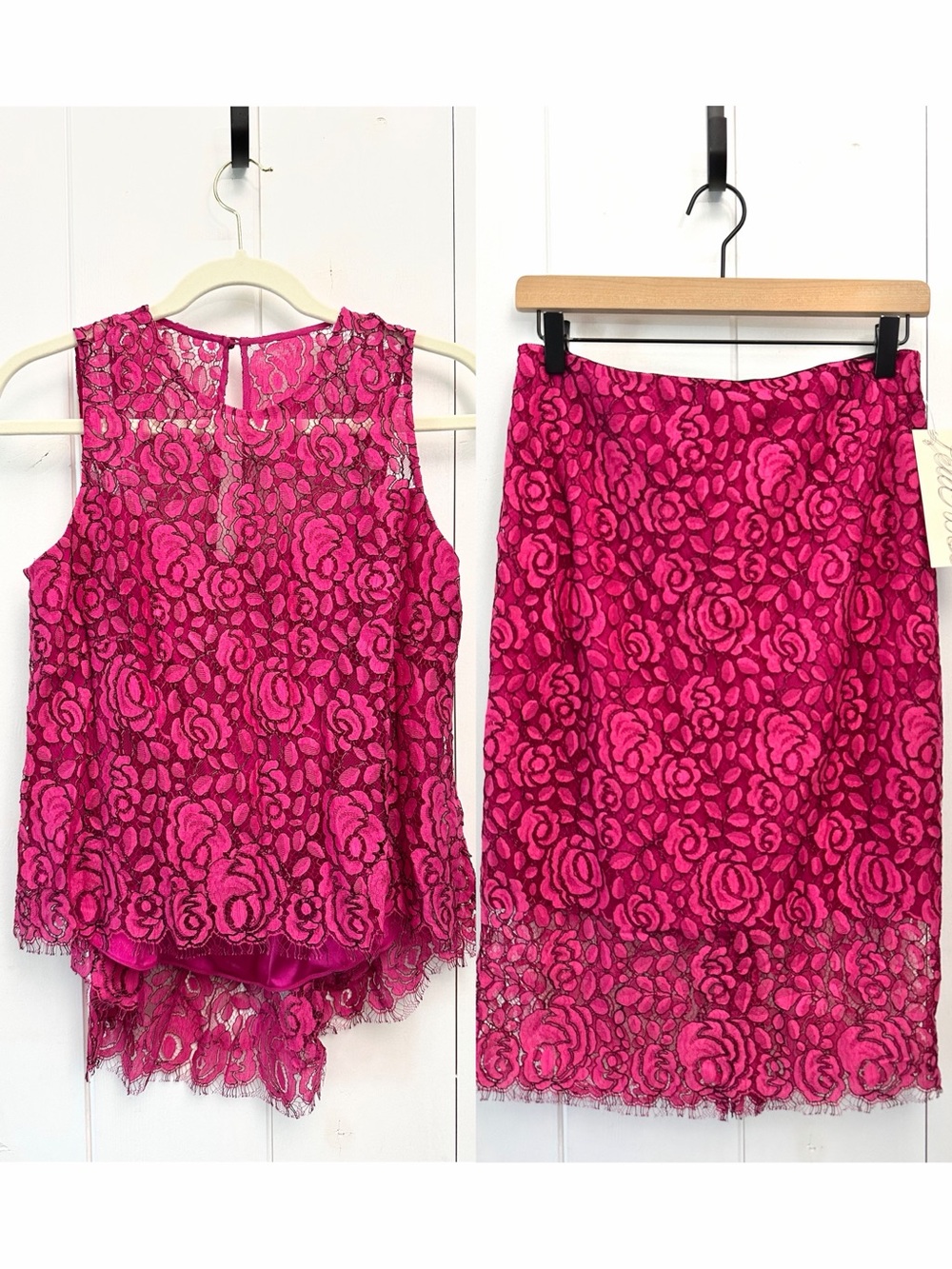 Lela Rose 2pc. Set Corded Floral Lace Top and Skirt In Pink Fuchsia Size 6